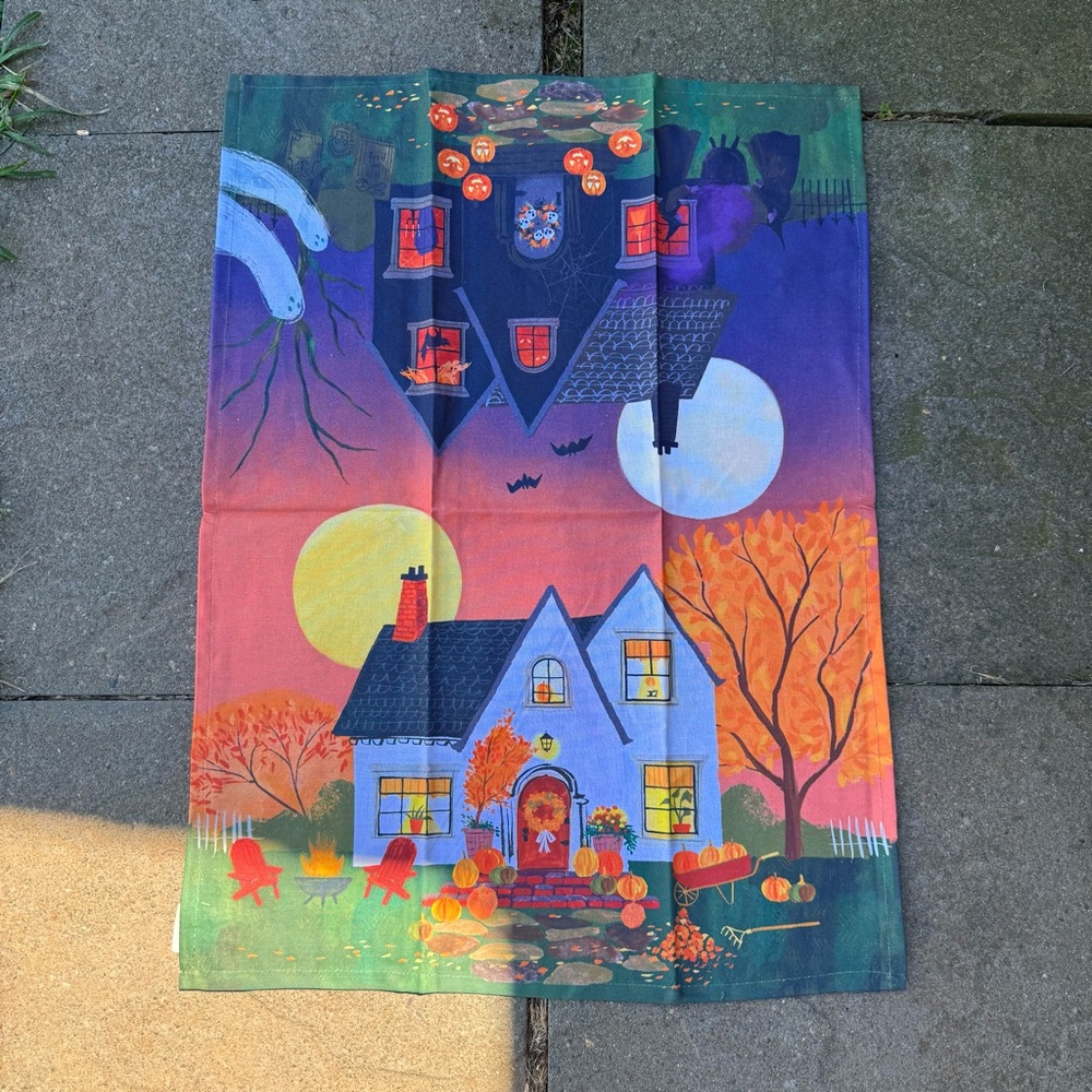 Anthropologie Halloween Fall House Ghosts Night Day Dish Towel NWT